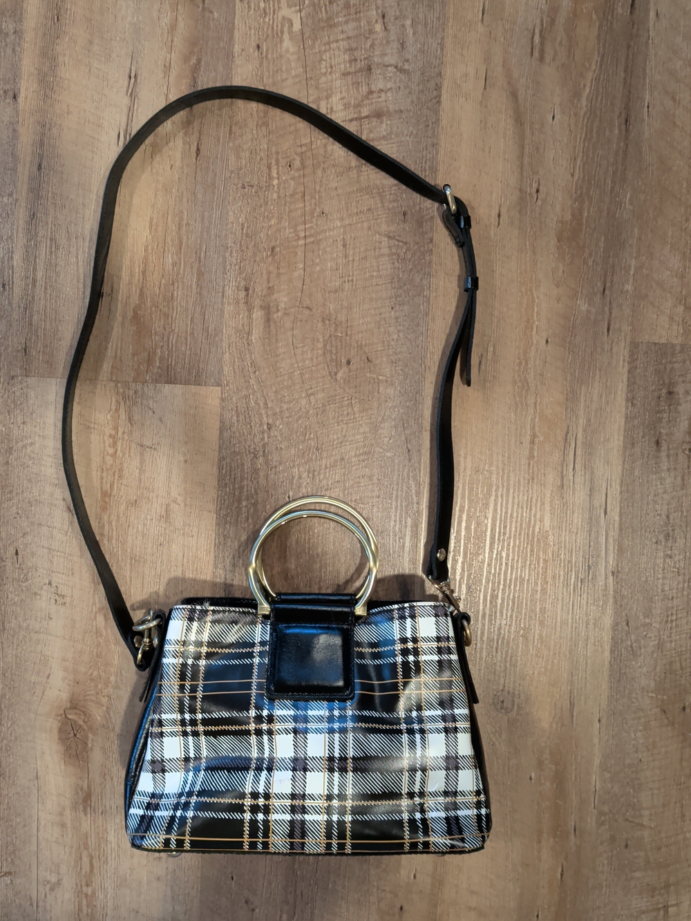 Patricia Nash Black Plaid Crossbody with Gold Ring Handle